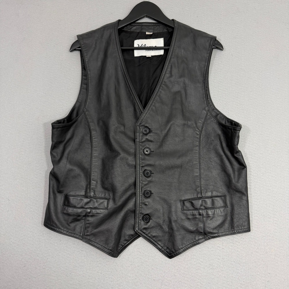 Wilsons Vest Mens 46 Black Leather Button Front V-Neck Biker Motorcycle Vintage